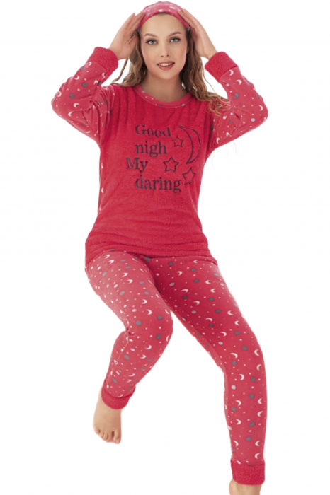 Pijama dama cocolino, pufoasa si calduroasa, imprimeu Good night, rosu [6]