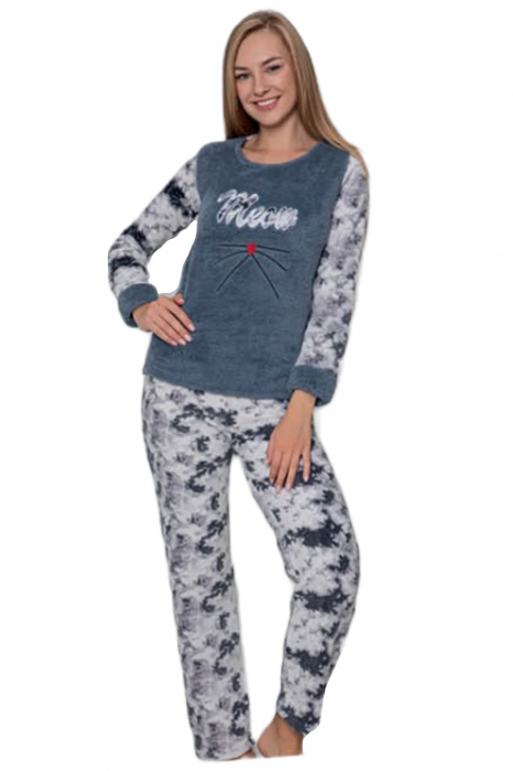 Pijama dama cocolino, pufoasa si calduroasa, imprimeu Meow, gri [3]