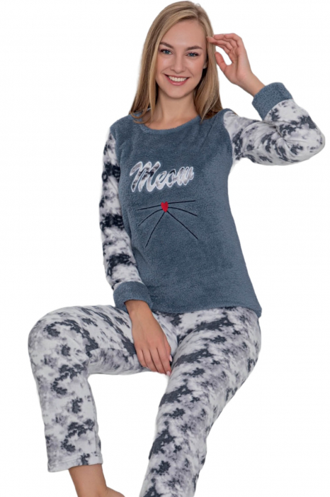 Pijama dama cocolino, pufoasa si calduroasa, imprimeu Meow, gri [4]