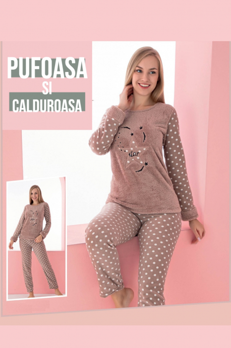 Pijama dama cocolino, pufoasa si calduroasa, imprimeu Star, maro [3]