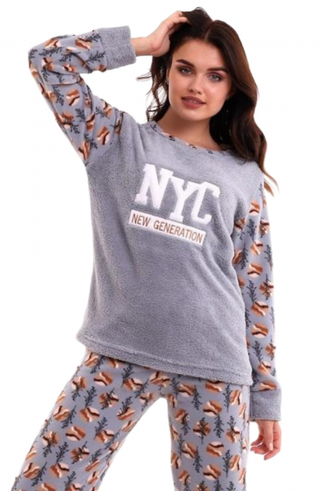 Pijama dama cocolino, pufoasa si calduroasa, imprimeu NYC, gri [3]