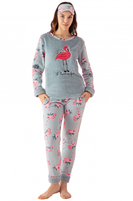 Pijama dama cocolino, pufoasa si calduroasa, imprimeu Flamingo, verde, embody.ro [5]