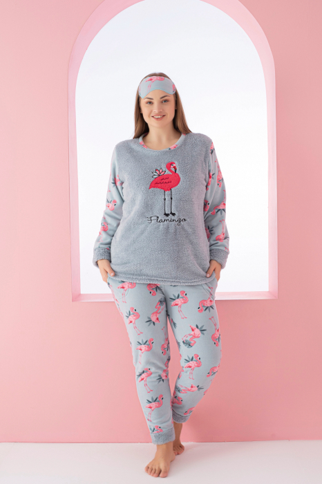 Pijama dama cocolino, pufoasa si calduroasa, imprimeu Flamingo, verde, embody.ro [3]