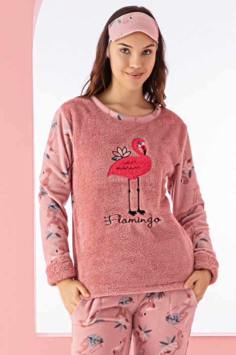 Pijama dama cocolino, pufoasa si calduroasa, imprimeu Flamingo, corai [3]