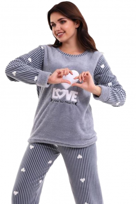 Pijama dama cocolino, pufoasa si calduroasa, imprimeu inimioara Love, gri [3]