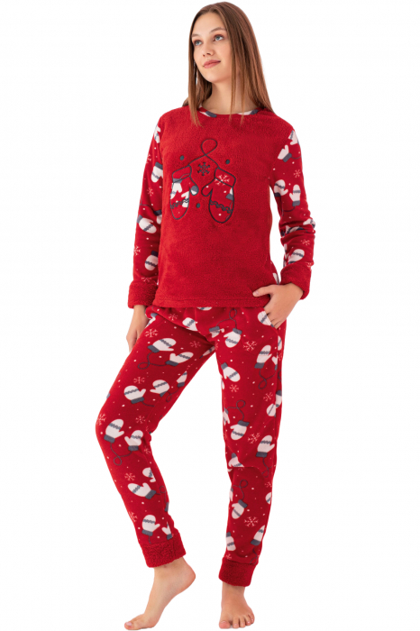 Pijama dama cocolino, material pufos, imprimeu Craciun manusi, embody.ro [4]