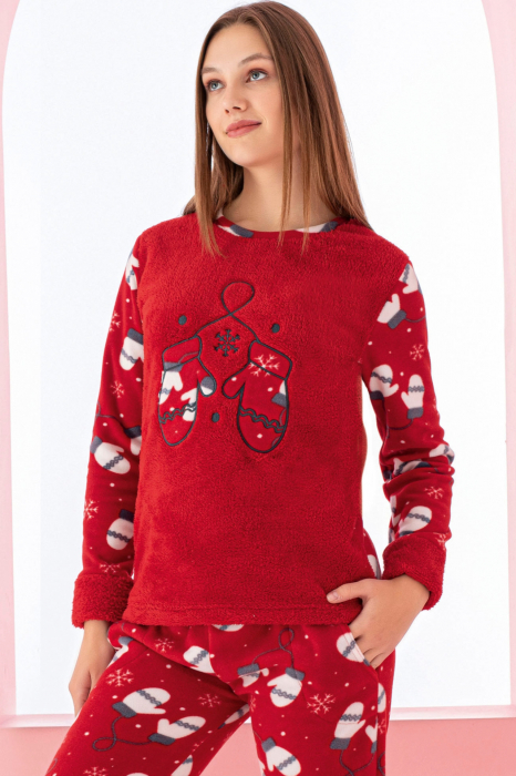 Pijama dama cocolino, material pufos, imprimeu Craciun manusi, embody.ro [3]