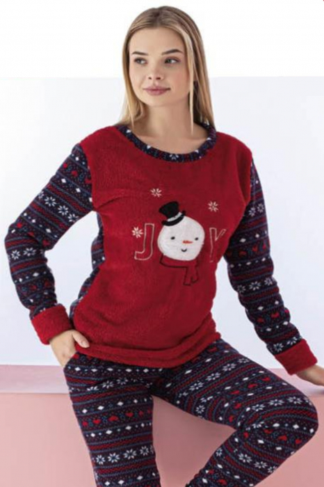 Pijama dama cocolino, pufoasa si calduroasa, imprimeu Craciun Joy, rosu [3]