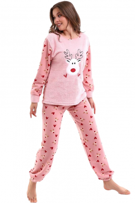 Pijama dama cocolino, pufoasa si calduroasa, motiv Craciun reni, roz [2]