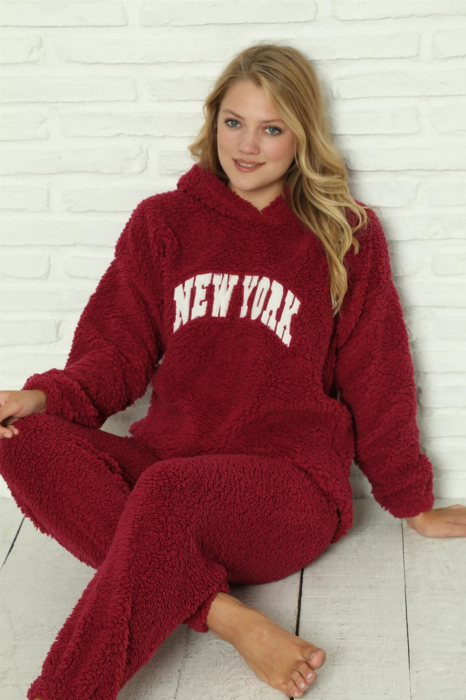 Pijama dama cocolino, pufoasa si calduroasa, cu gluga, visiniu [3]