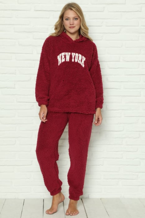 Pijama dama cocolino, pufoasa si calduroasa, cu gluga, visiniu [4]