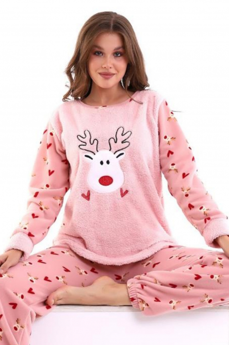 Pijama dama cocolino, pufoasa si calduroasa, motiv Craciun reni, roz [3]