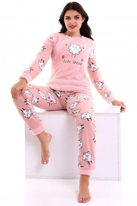 Pijama dama cocolino, pufoasa si calduroasa, imprimeu cute sheep, roz [2]