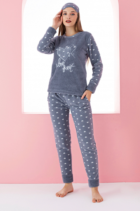 Pijama dama cocolino, pufoasa si calduroasa, imprimeu inimioara Love Sweet, gri [3]