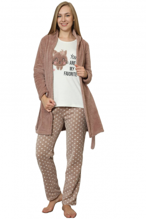 Pijama dama cocolino din 3 piese, halat, bluza pantaloni, maro [4]