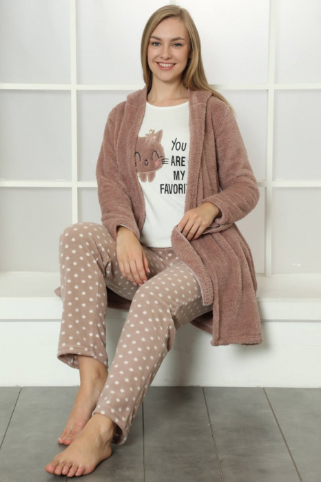Pijama dama cocolino din 3 piese, halat, bluza pantaloni, maro [3]
