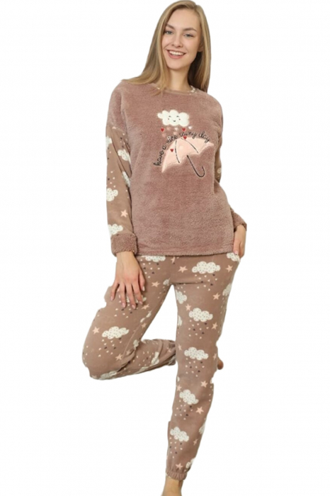 Pijama dama cocolino, pufoasa si calduroasa, imprimeu umbrela, maro [3]