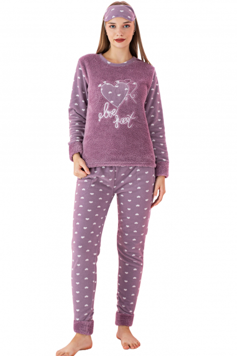 Pijama dama cocolino, pufoasa si calduroasa, imprimeu inimioara Love Sweet, mov [7]