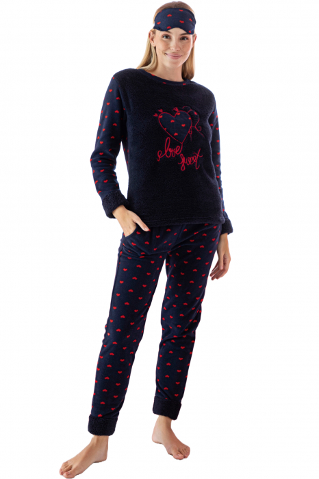 Pijama dama cocolino, pufoasa si calduroasa, imprimeu inimioare Love Sweet, bleumarin, embody.ro [5]