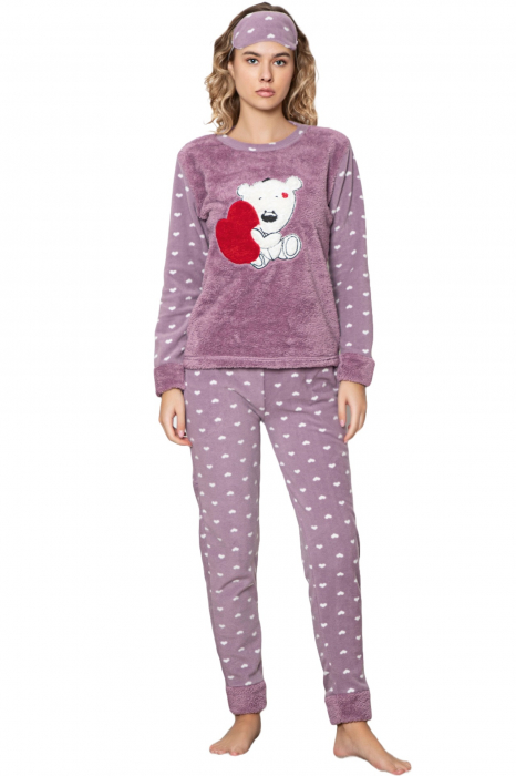 Pijama dama cocolino, pufoasa si calduroasa, imprimeu ursulet love, mov, embody.ro [4]