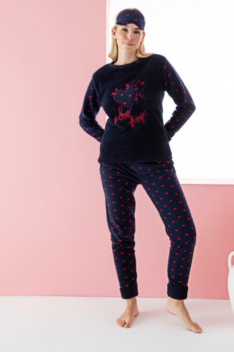 Pijama dama cocolino, pufoasa si calduroasa, imprimeu inimioare Love Sweet, bleumarin, embody.ro [4]