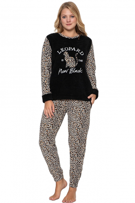 Pijama dama cocolino, pufoasa si calduroasa, imprimeu leopard new black, negru/maro [5]