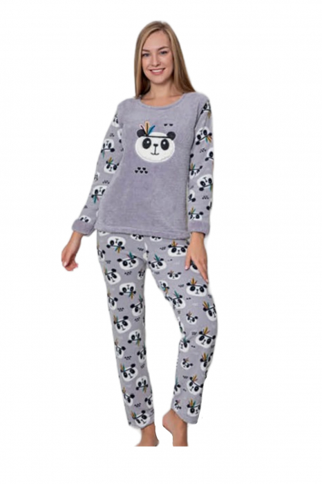 Pijama dama cocolino, pufoasa si calduroasa, imprimeu ursuleti panda, gri [3]
