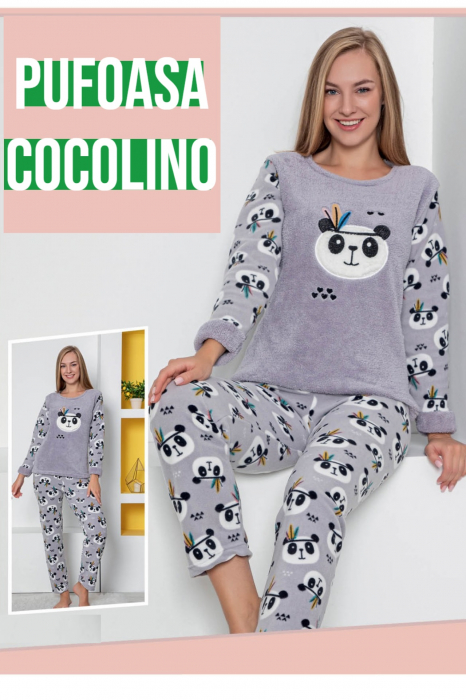 Pijama dama cocolino, pufoasa si calduroasa, imprimeu ursuleti panda, gri [2]