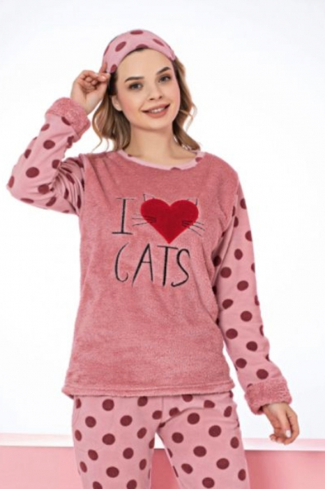 Black Friday - Reduceri Pijama dama cocolino, pufoasa si calduroasa, imprimeu love cats, corai Promotie [3]