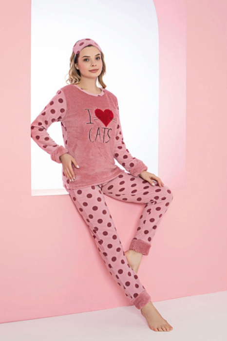 Black Friday - Reduceri Pijama dama cocolino, pufoasa si calduroasa, imprimeu love cats, corai Promotie [2]