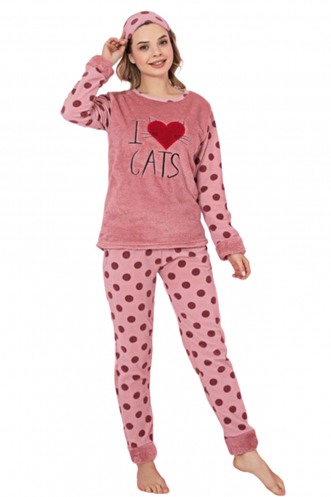 Black Friday - Reduceri Pijama dama cocolino, pufoasa si calduroasa, imprimeu love cats, corai Promotie [4]