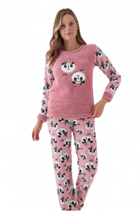 Pijama dama cocolino, pufoasa si calduroasa, imprimeu ursuleti panda, roz [4]