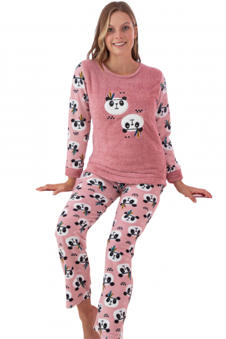 Pijama dama cocolino, pufoasa si calduroasa, imprimeu ursuleti panda, roz [3]