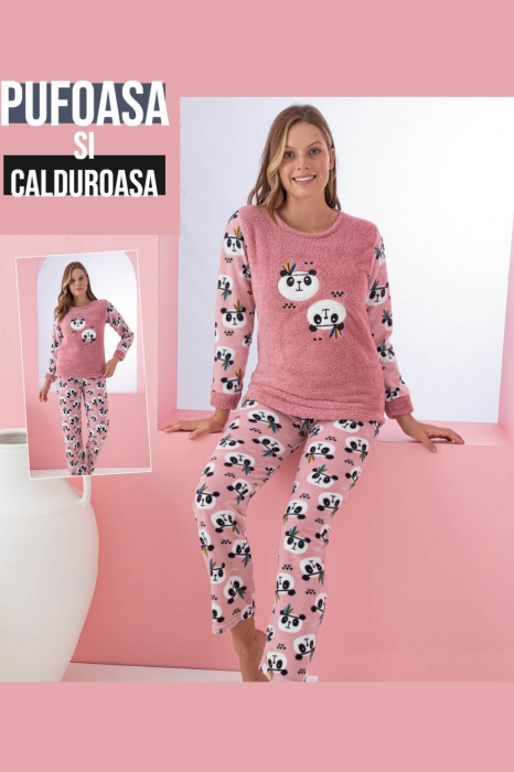 Pijama dama cocolino, pufoasa si calduroasa, imprimeu ursuleti panda, roz [2]