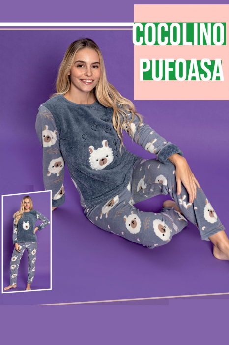 Pijama dama cocolino, pufoasa si calduroasa, imprimeu sheep, gri [3]