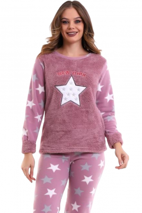 Pijama dama cocolino, pufoasa si calduroasa, imprimeu steluta, roz [3]