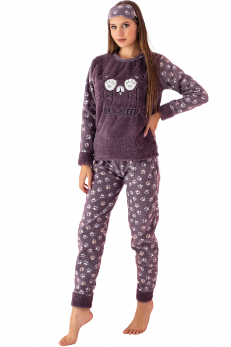 Pijama dama cocolino, pufoasa si calduroasa, imprimeu pisicuta back sleep, maro [5]