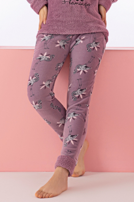 Pijama dama cocolino, pufoasa si calduroasa, imprimeu Flamingo, mov [2]