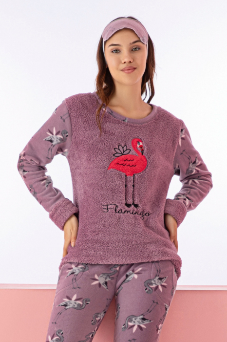 Pijama dama cocolino, pufoasa si calduroasa, imprimeu Flamingo, mov [3]