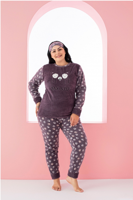 Pijama dama cocolino, pufoasa si calduroasa, imprimeu pisicuta back sleep, maro [4]