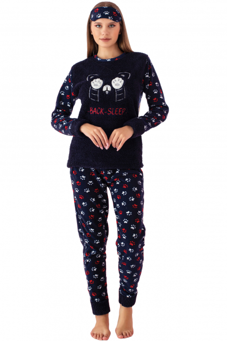Pijama dama cocolino, pufoasa si calduroasa, imprimeu pisicuta back sleep, bleumarin, embody.ro [4]