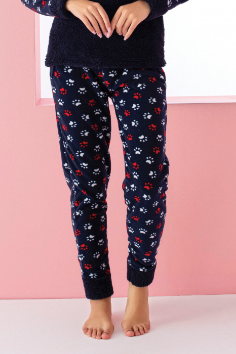 Pijama dama cocolino, pufoasa si calduroasa, imprimeu pisicuta back sleep, bleumarin, embody.ro [2]