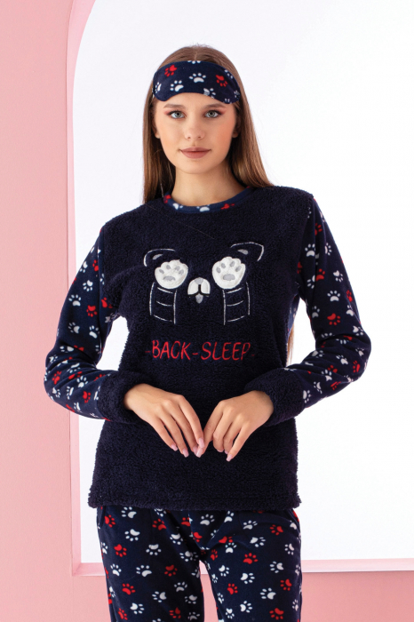 Pijama dama cocolino, pufoasa si calduroasa, imprimeu pisicuta back sleep, bleumarin, embody.ro [3]