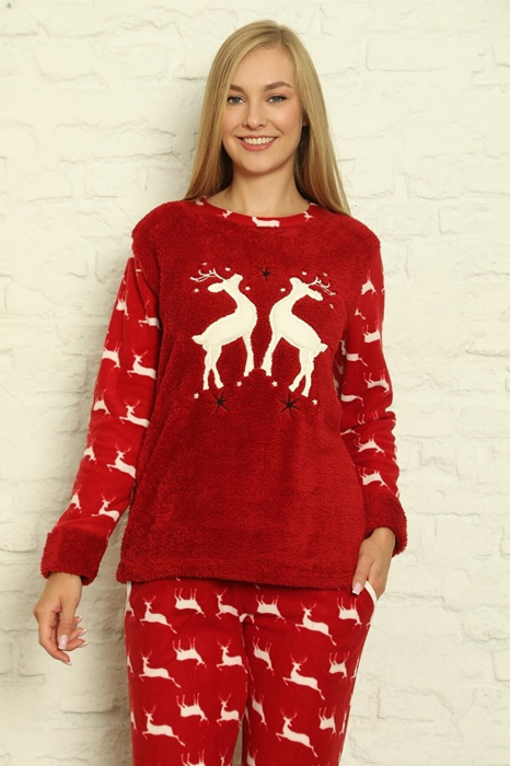 Pijama dama cocolino, pufoasa si calduroasa, imprimeu Reni Craciun, rosu [2]