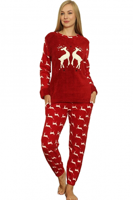 Pijama dama cocolino, pufoasa si calduroasa, imprimeu Reni Craciun, rosu [4]