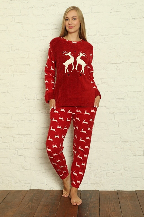 Pijama dama cocolino, pufoasa si calduroasa, imprimeu Reni Craciun, rosu [3]