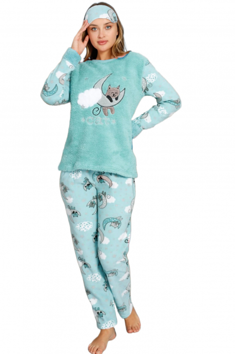 Pijama dama cocolino, pufoasa si calduroasa, imprimeu pisicuta somnoroasa, turcoaz [3]