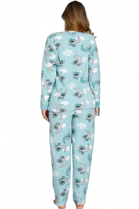 Pijama dama cocolino, pufoasa si calduroasa, imprimeu pisicuta somnoroasa, turcoaz [4]