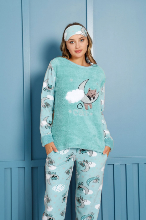 Pijama dama cocolino, pufoasa si calduroasa, imprimeu pisicuta somnoroasa, turcoaz [2]