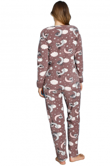 Pijama dama cocolino, pufoasa si calduroasa, imprimeu pisicuta somnoroasa, maro [6]
